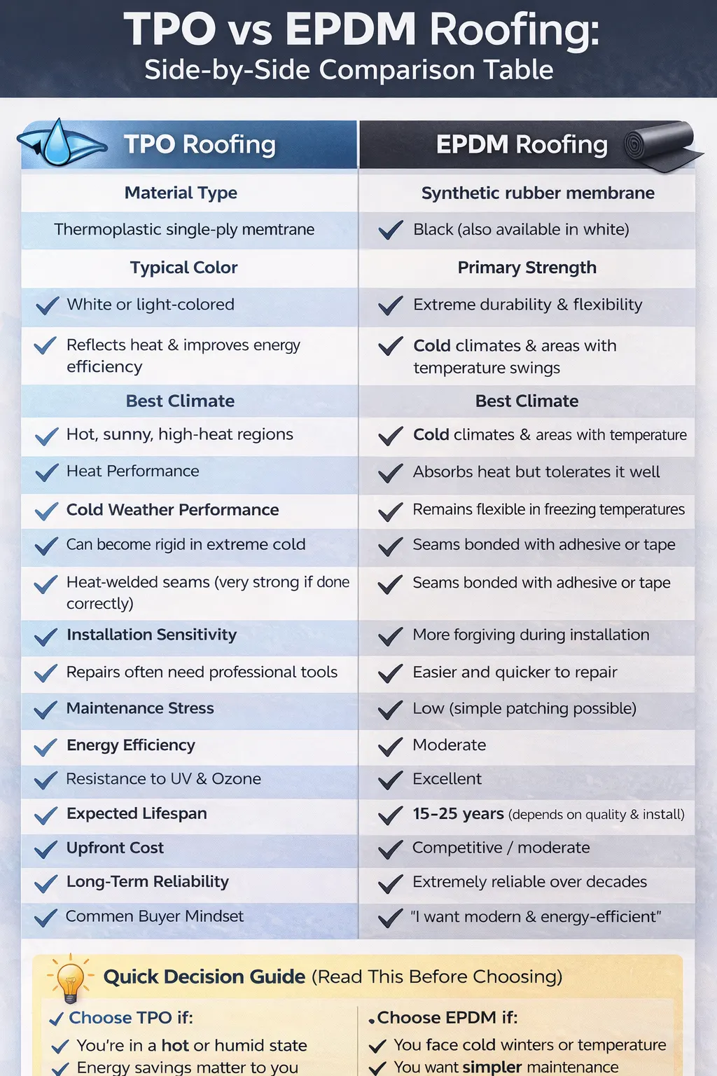 tpo vs epdm roofing side by side comparison table